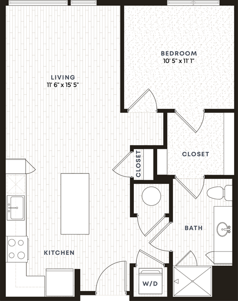 Floor plan for 1 bed, 1 bath, 723 sqft